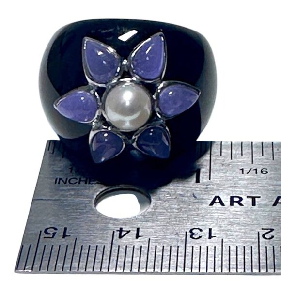 Sterling Silver 925 Onyx Statement Ring w/ Floral Pearl & Amethyst Cabochons  7 - Picture 11 of 13